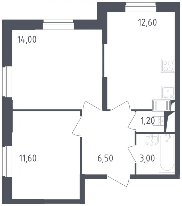 2-комнатная квартира с полной отделкой, 48.9 м2, 14 этаж, сдача 3 квартал 2023 г., ЖК Квартал Некрасовка, корпус 2 - объявление 1593845 - фото №1