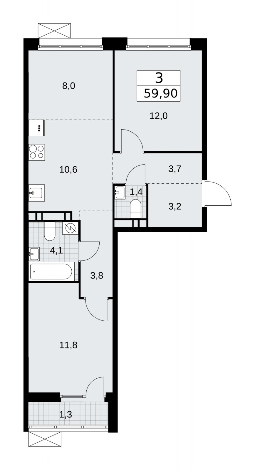 3-комнатная квартира (евро) с частичной отделкой, 59.9 м2, 9 этаж, сдача 4 квартал 2025 г., ЖК Бунинские кварталы, корпус 3.3 - объявление 2152032 - фото №1