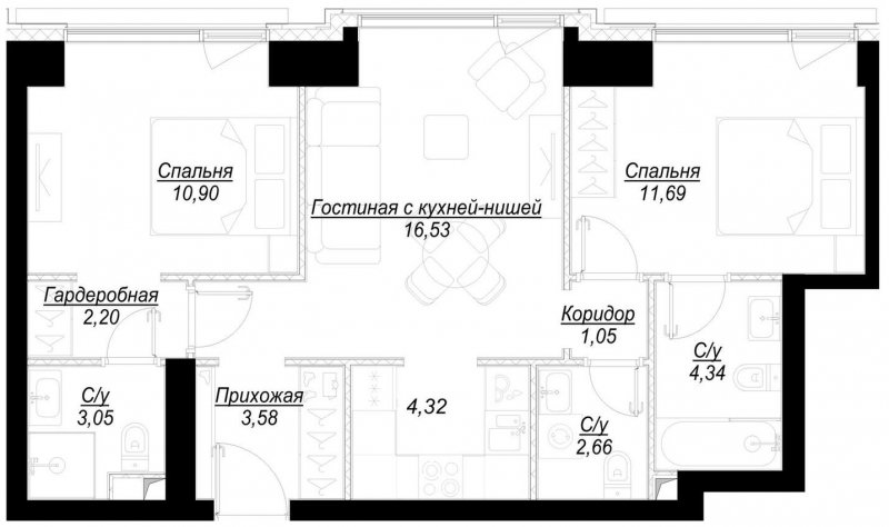 2-комнатная квартира с частичной отделкой, 60.3 м2, 6 этаж, сдача 1 квартал 2023 г., ЖК Hide, корпус RiverSide - объявление 1707063 - фото №1