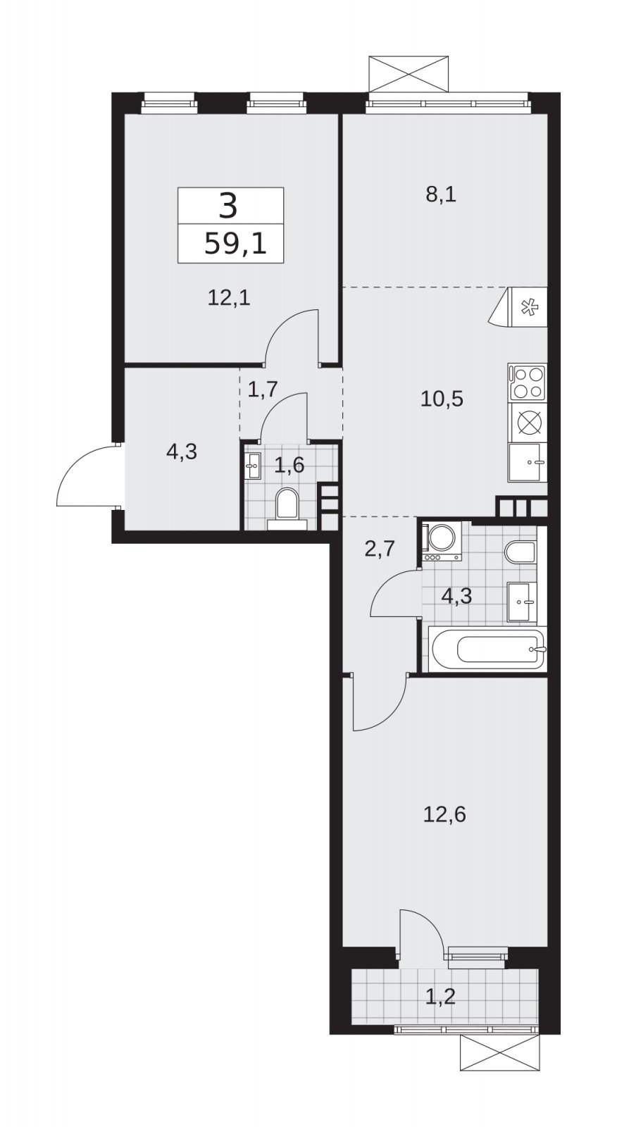3-комнатная квартира (евро) с частичной отделкой, 59.1 м2, 3 этаж, сдача 2 квартал 2026 г., ЖК Прокшино, корпус 11.2.3 - объявление 2270264 - фото №1