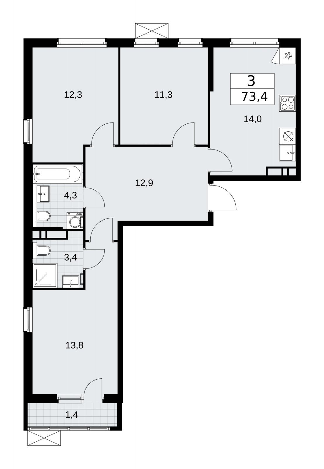 3-комнатная квартира с частичной отделкой, 73.4 м2, 8 этаж, сдача 2 квартал 2026 г., ЖК Прокшино, корпус 11.2.3 - объявление 2270218 - фото №1