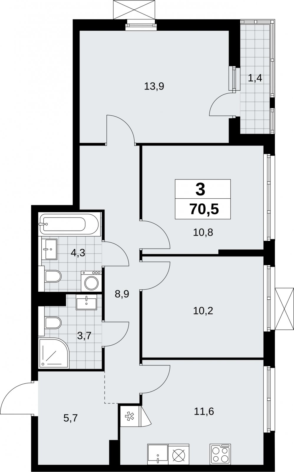 3-комнатная квартира без отделки, 70.5 м2, 4 этаж, сдача 2 квартал 2026 г., ЖК Бунинские кварталы, корпус 9.1 - объявление 2323906 - фото №1