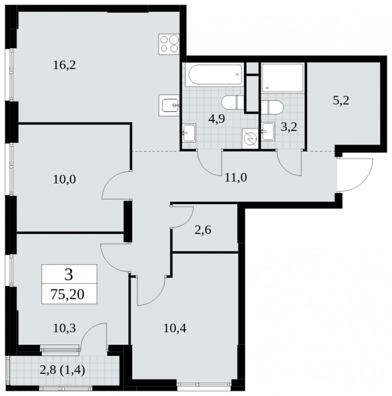 3-комнатная квартира с частичной отделкой, 75.2 м2, 3 этаж, сдача 2 квартал 2025 г., ЖК Южные сады, корпус 2.2 - объявление 1757472 - фото №1