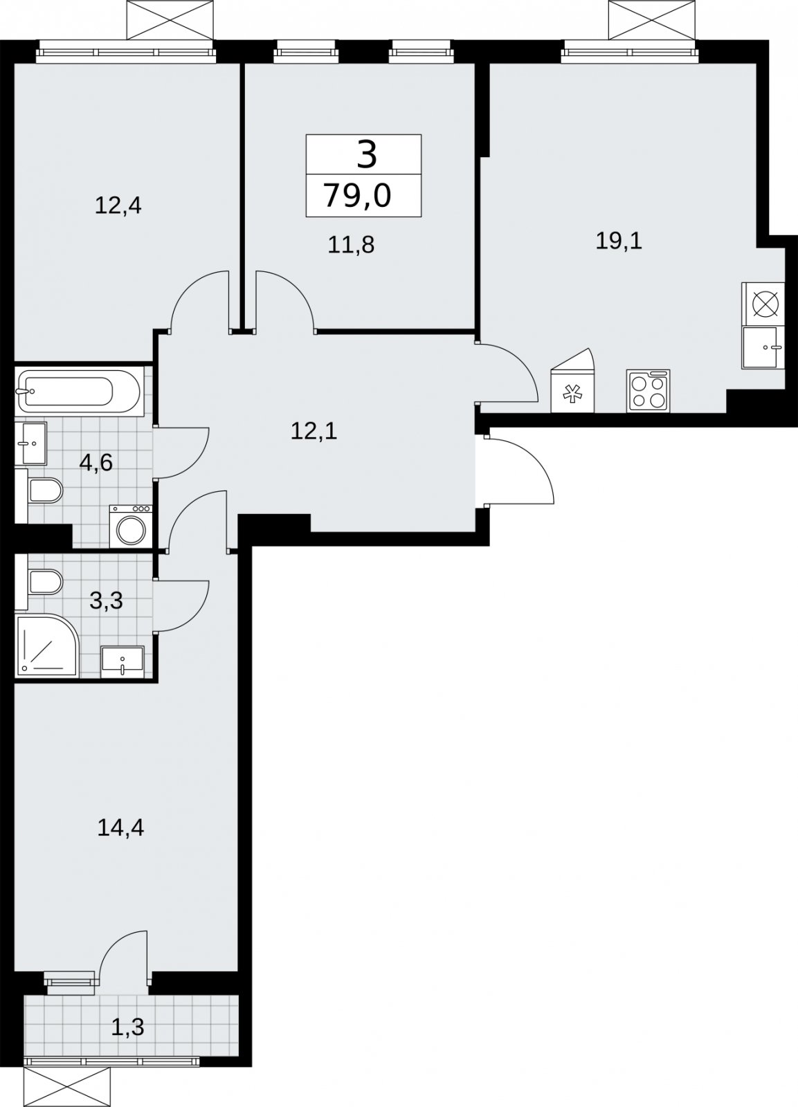 3-комнатная квартира без отделки, 79 м2, 5 этаж, сдача 2 квартал 2026 г., ЖК Бунинские кварталы, корпус 7.3 - объявление 2313913 - фото №1