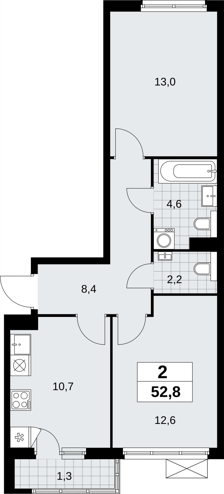 2-комнатная квартира без отделки, 52.8 м2, 3 этаж, сдача 2 квартал 2026 г., ЖК Бунинские кварталы, корпус 9.1 - объявление 2323653 - фото №1