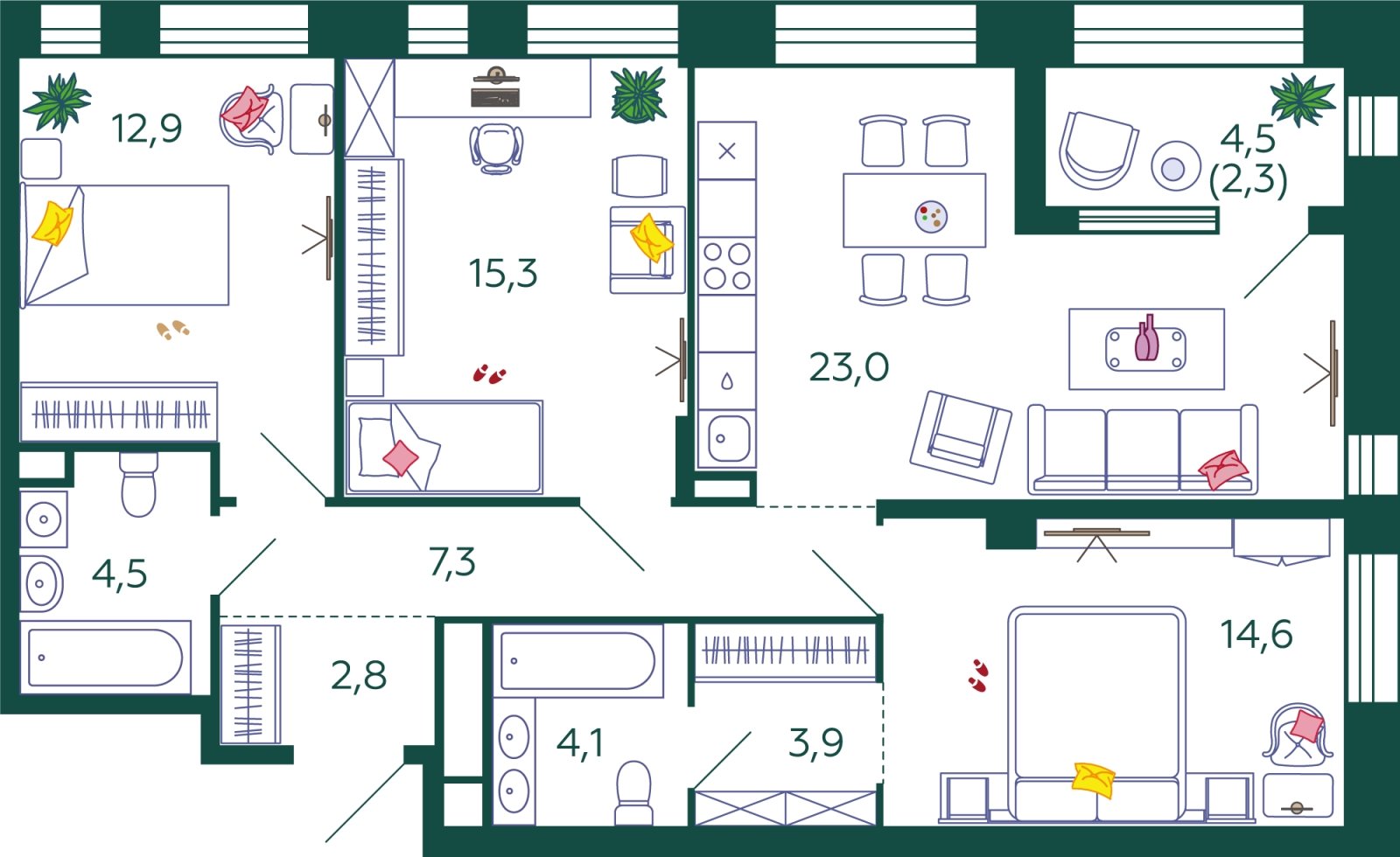 3-комнатная квартира без отделки, 90.7 м2, 11 этаж, сдача 4 квартал 2024 г., ЖК SHAGAL, корпус 2.8 - объявление 2001348 - фото №1