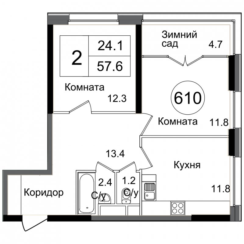 2-комнатная квартира без отделки, 57.6 м2, 24 этаж, дом сдан, ЖК Сиреневый Парк, корпус 73 - объявление 1533673 - фото №1