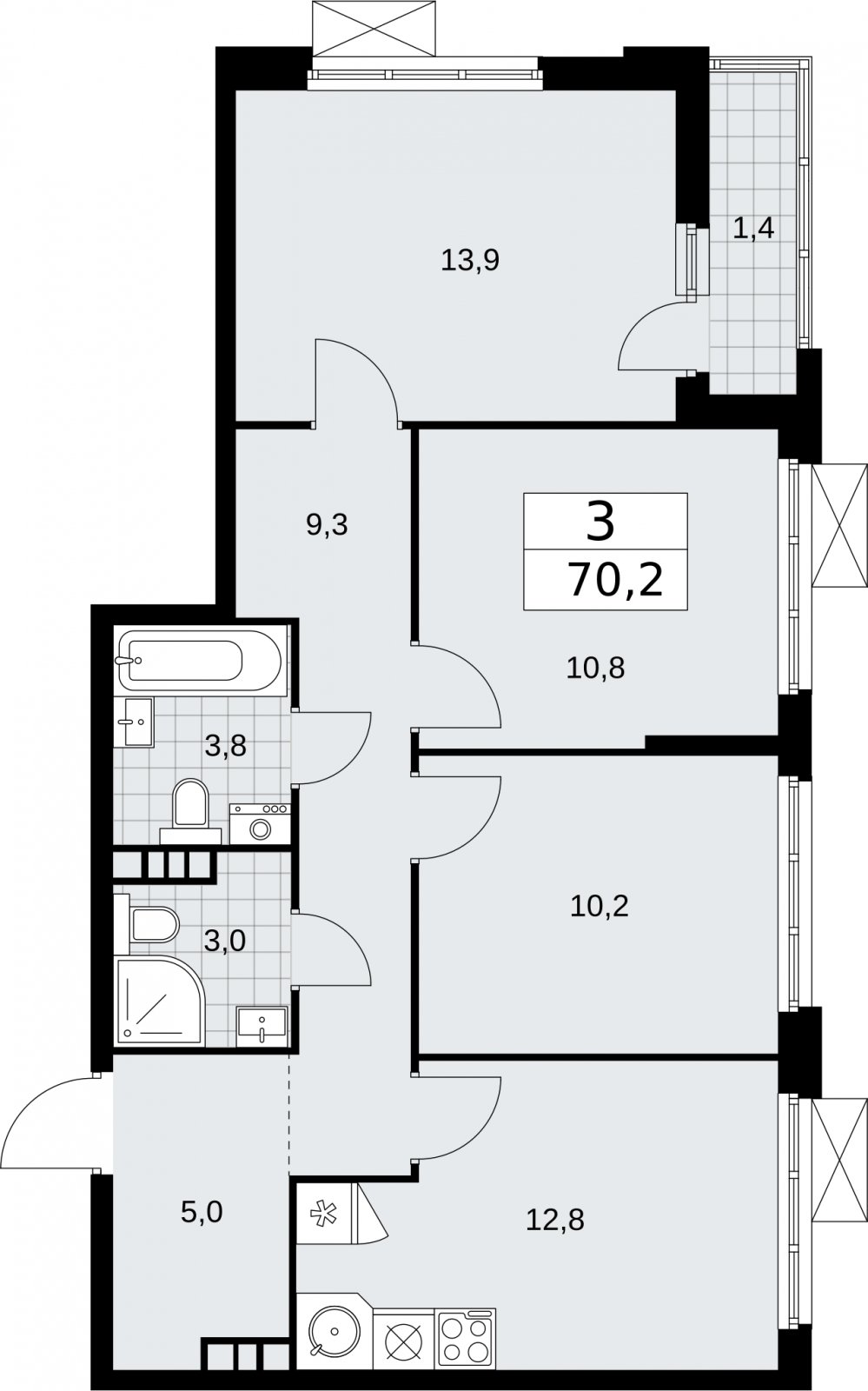 3-комнатная квартира без отделки, 70.2 м2, 7 этаж, сдача 2 квартал 2026 г., ЖК Бунинские кварталы, корпус 5.4 - объявление 2297801 - фото №1