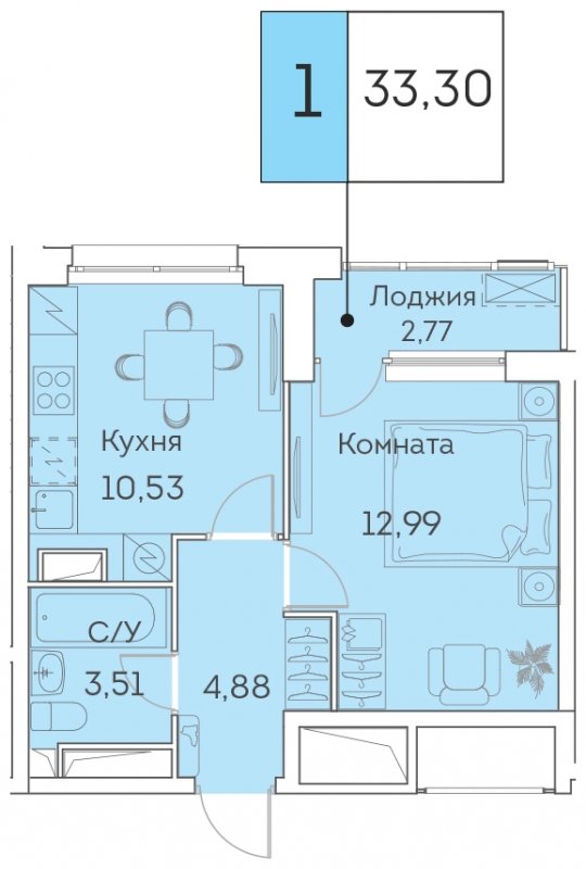 1-комнатная квартира с частичной отделкой, 33.3 м2, 20 этаж, сдача 3 квартал 2023 г., ЖК Аквилон BESIDE, корпус 1 - объявление 1419328 - фото №1
