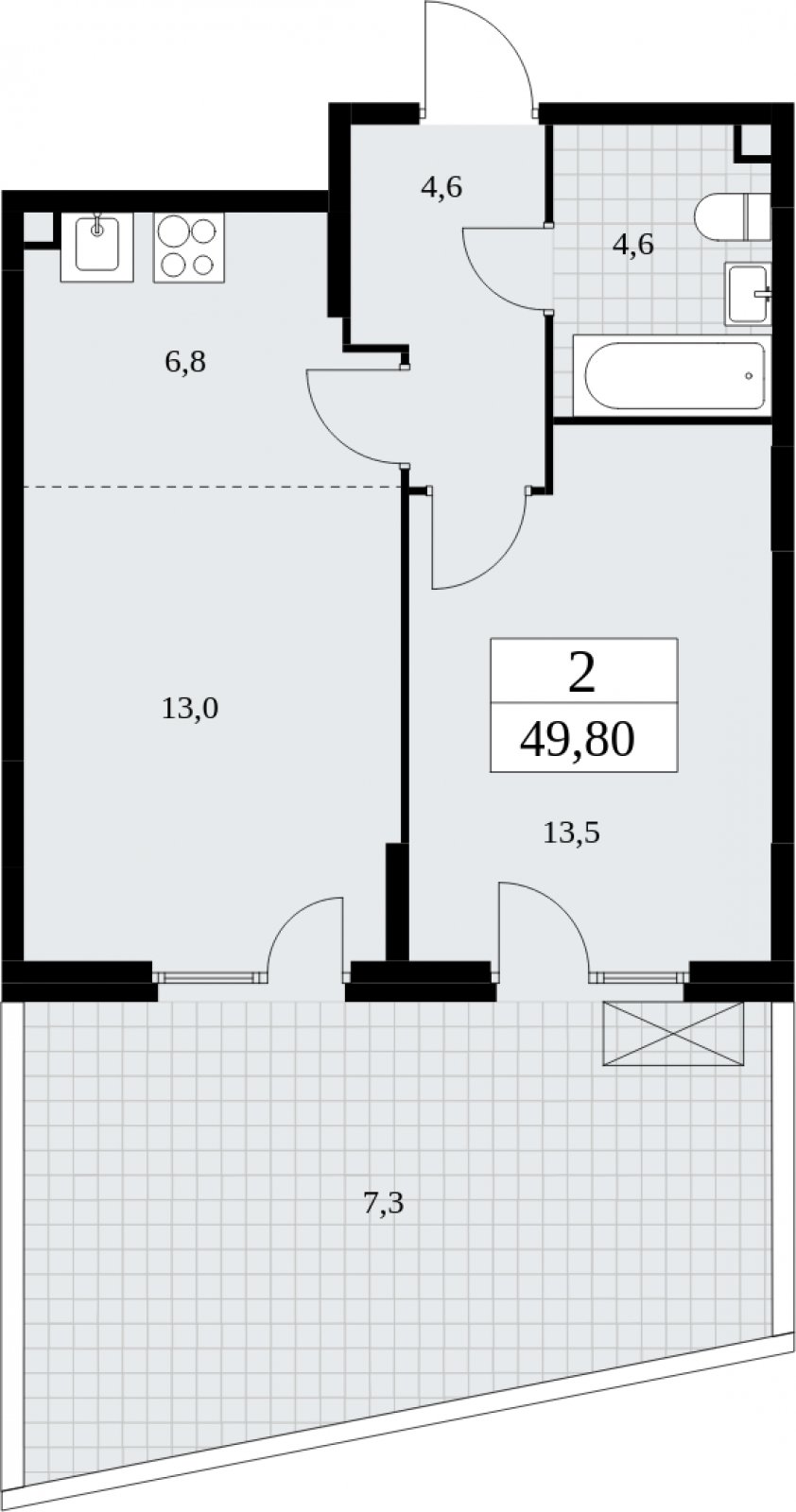 2-комнатная квартира (евро) с частичной отделкой, 49.8 м2, 2 этаж, сдача 4 квартал 2024 г., ЖК Скандинавия, корпус 35.1.4 - объявление 2052244 - фото №1