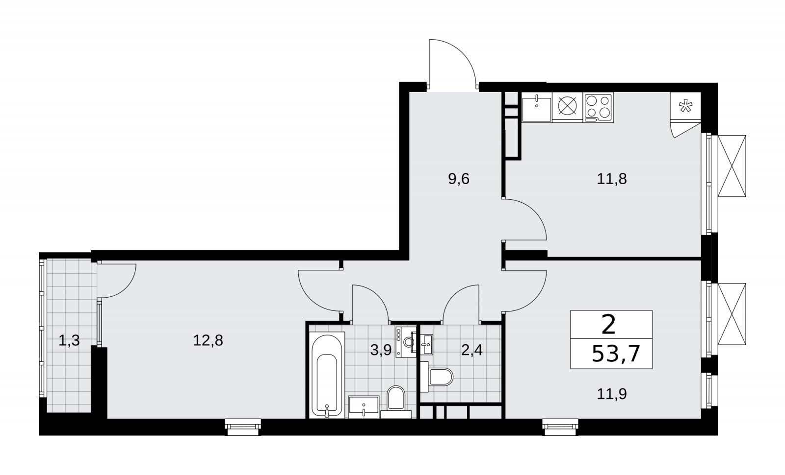 2-комнатная квартира с полной отделкой, 53.7 м2, 10 этаж, сдача 2 квартал 2026 г., ЖК Деснаречье, корпус 4.8 - объявление 2265241 - фото №1