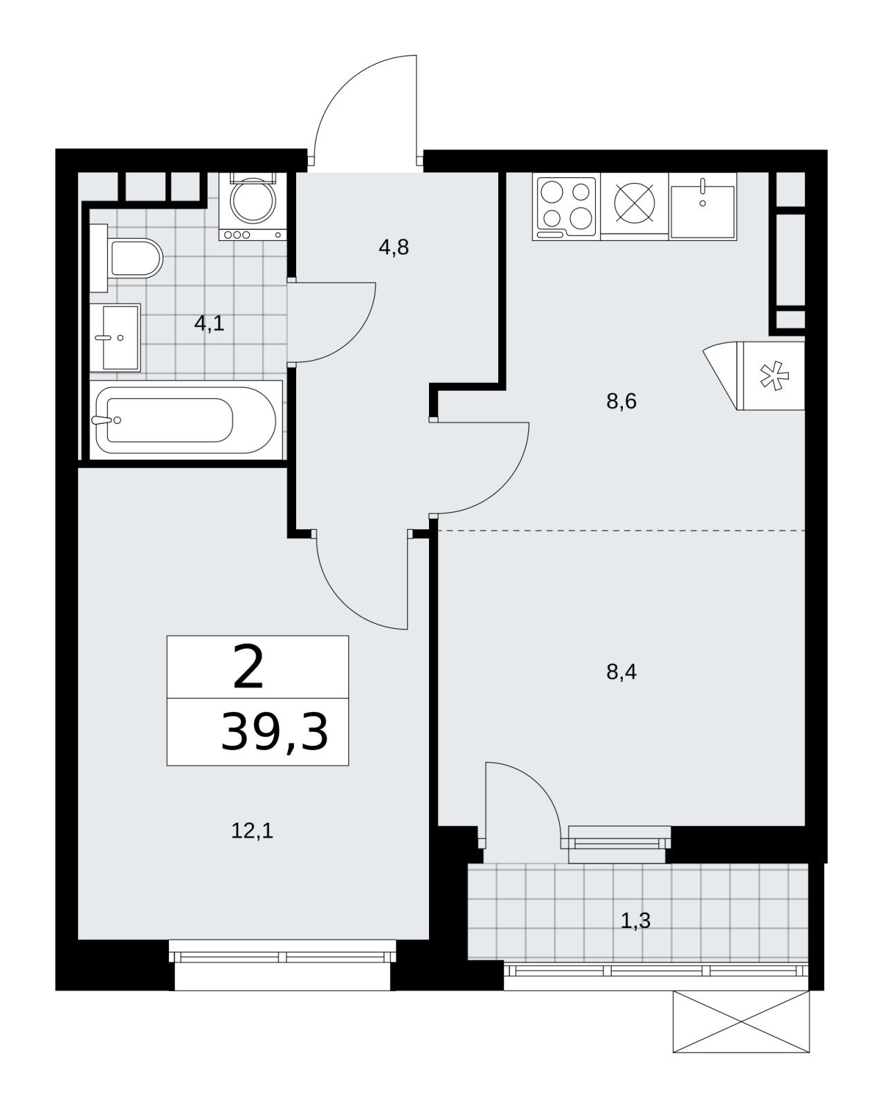 2-комнатная квартира (евро) без отделки, 39.3 м2, 11 этаж, сдача 2 квартал 2026 г., ЖК Скандинавия, корпус 25.4 - объявление 2284068 - фото №1