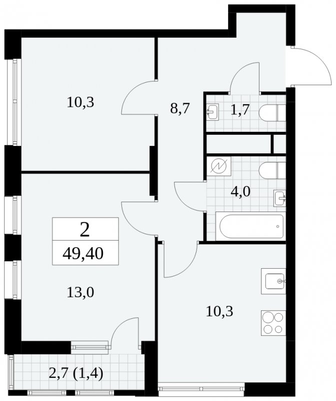 2-комнатная квартира с частичной отделкой, 49.4 м2, 11 этаж, сдача 2 квартал 2025 г., ЖК Южные сады, корпус 2.1 - объявление 1760144 - фото №1