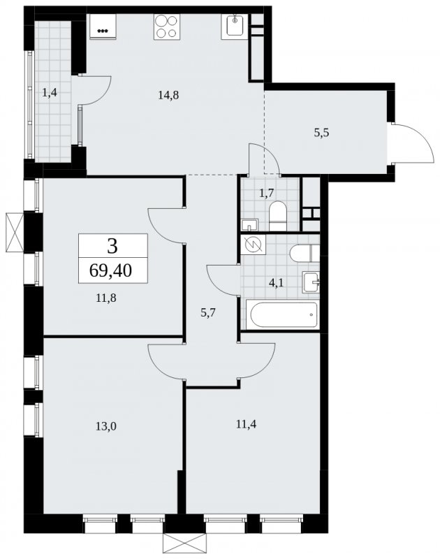 3-комнатная квартира с частичной отделкой, 69.4 м2, 14 этаж, сдача 3 квартал 2025 г., ЖК Дзен-кварталы, корпус 2.1 - объявление 1932273 - фото №1