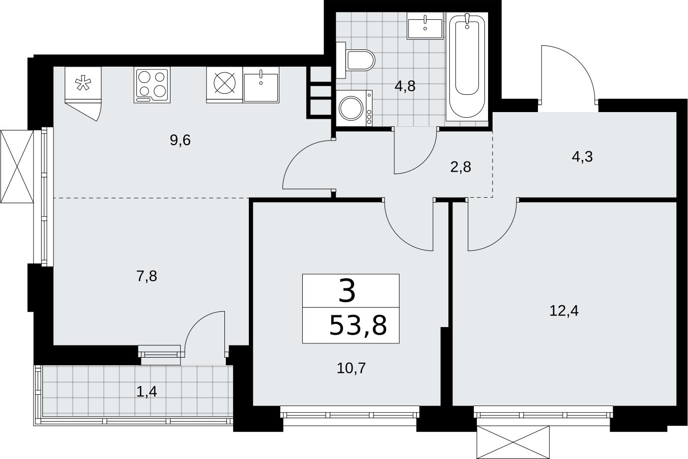3-комнатная квартира (евро) с частичной отделкой, 53.8 м2, 7 этаж, сдача 2 квартал 2026 г., ЖК Бунинские кварталы, корпус 5.1 - объявление 2296848 - фото №1
