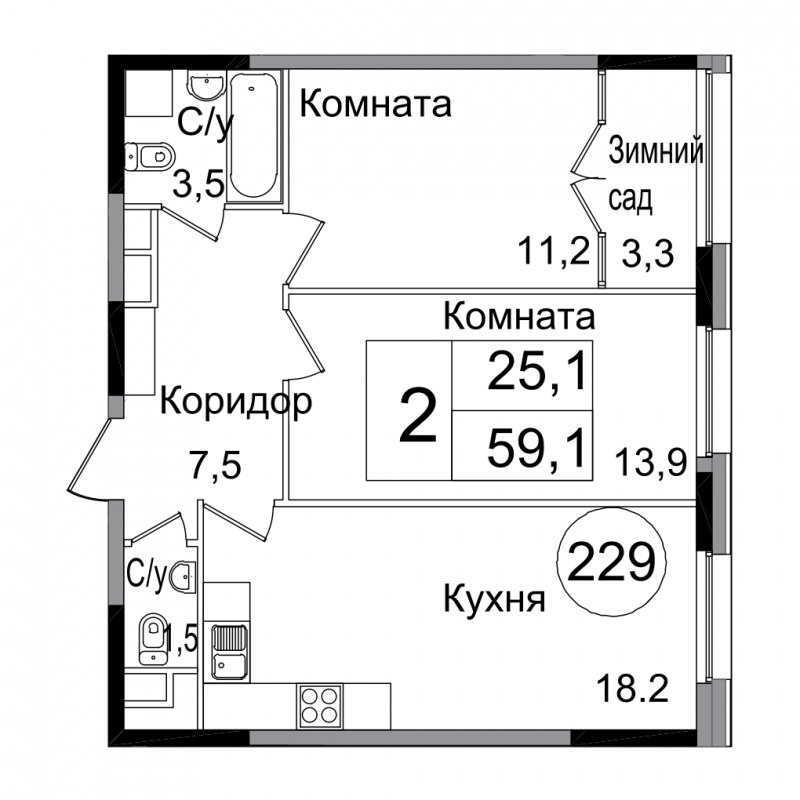 2-комнатная квартира без отделки, 59.2 м2, 9 этаж, дом сдан, ЖК Сиреневый Парк, корпус 7А - объявление 1533622 - фото №1