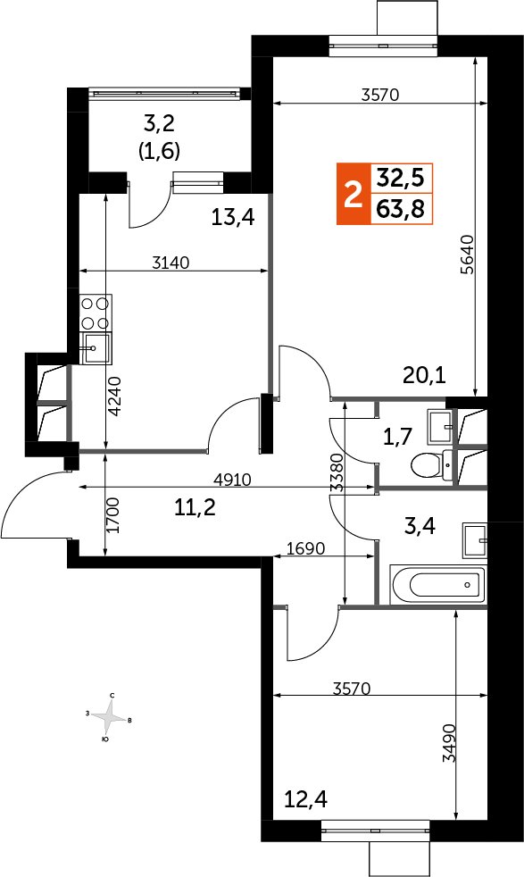 2-комнатная квартира без отделки, 63.7 м2, 5 этаж, дом сдан, ЖК UP-квартал Римский, корпус 7 - объявление 2353874 - фото №1