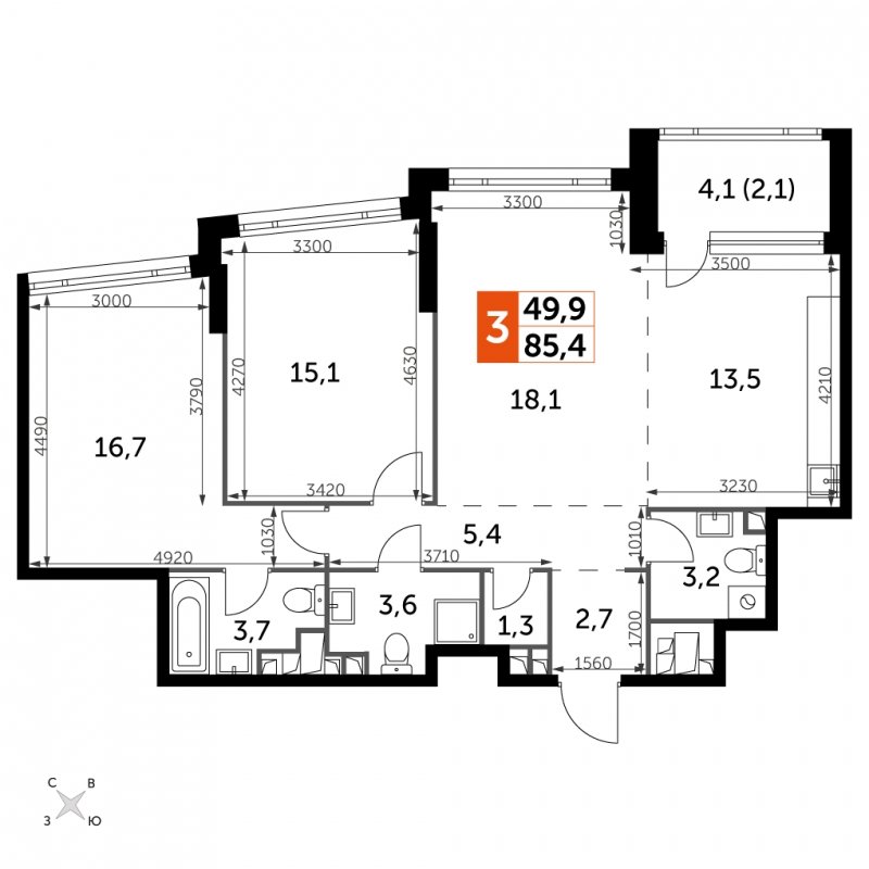 3-комнатная квартира с частичной отделкой, 85.4 м2, 24 этаж, сдача 4 квартал 2024 г., ЖК ROTTERDAM, корпус 2.3 - объявление 1849303 - фото №1