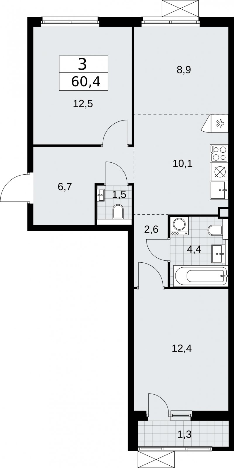 3-комнатная квартира (евро) с полной отделкой, 60.4 м2, 2 этаж, сдача 2 квартал 2026 г., ЖК Бунинские кварталы, корпус 7.1 - объявление 2319517 - фото №1