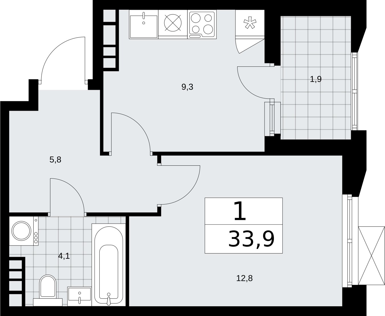 1-комнатная квартира без отделки, 33.9 м2, 17 этаж, сдача 2 квартал 2026 г., ЖК Бунинские кварталы, корпус 5.2 - объявление 2297443 - фото №1