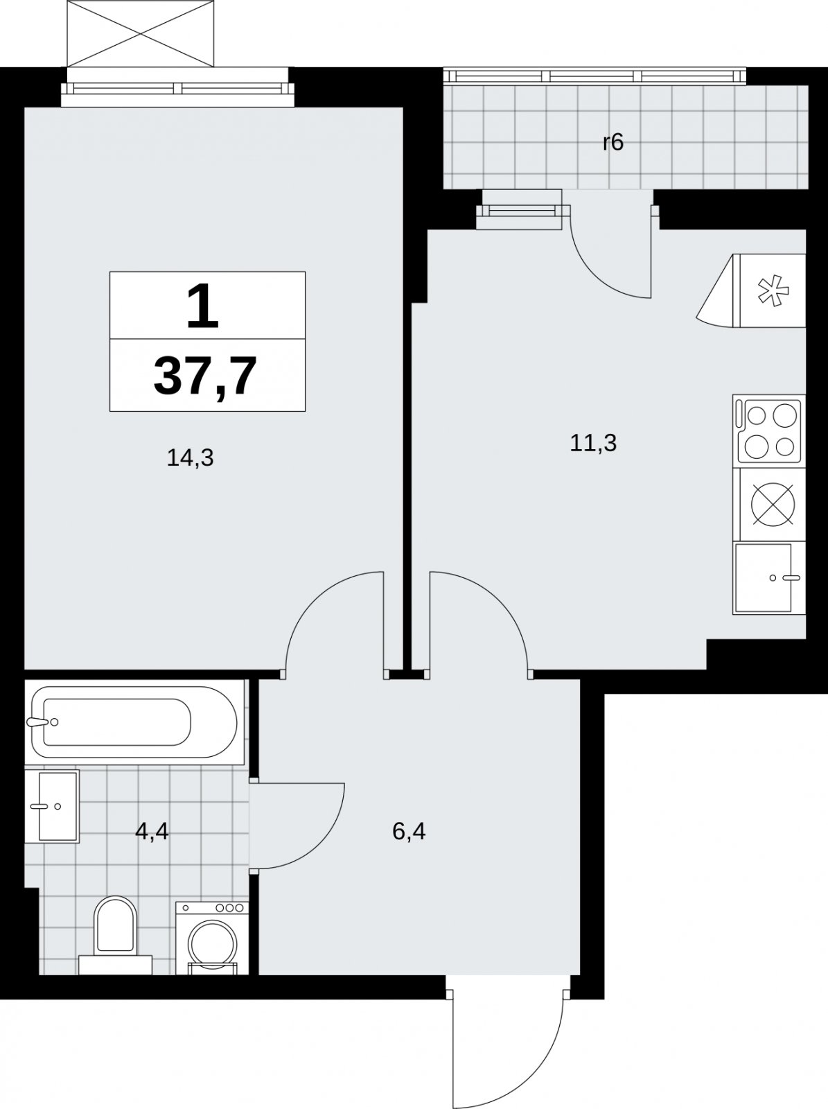 1-комнатная квартира без отделки, 37.7 м2, 5 этаж, сдача 1 квартал 2026 г., ЖК Дзен-кварталы, корпус 6.2.1 - объявление 2328532 - фото №1