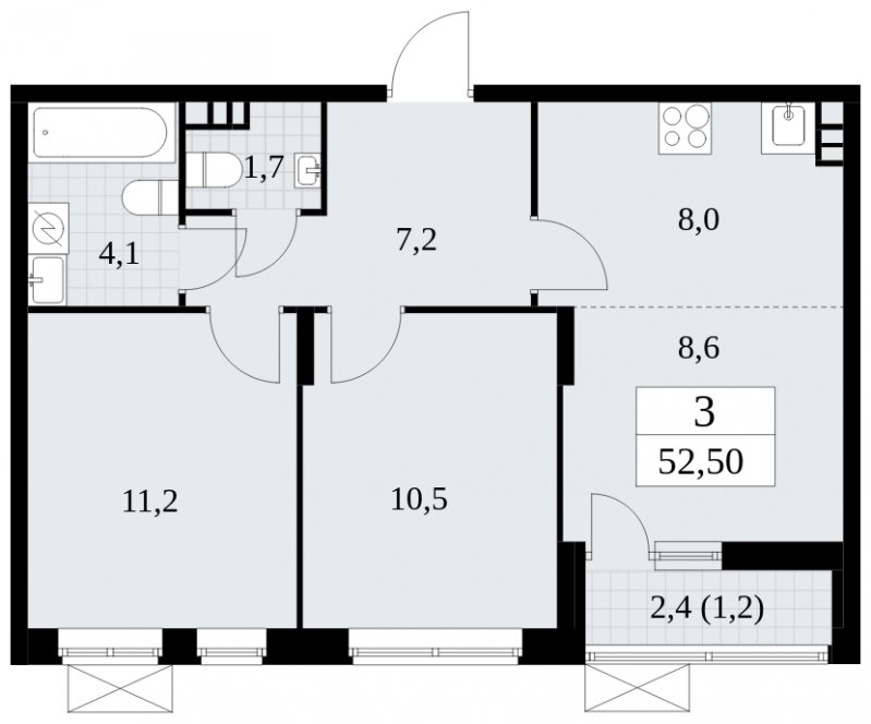 3-комнатная квартира (евро) без отделки, 52.5 м2, 3 этаж, сдача 1 квартал 2025 г., ЖК Прокшино, корпус 5.2.5 - объявление 1900821 - фото №1