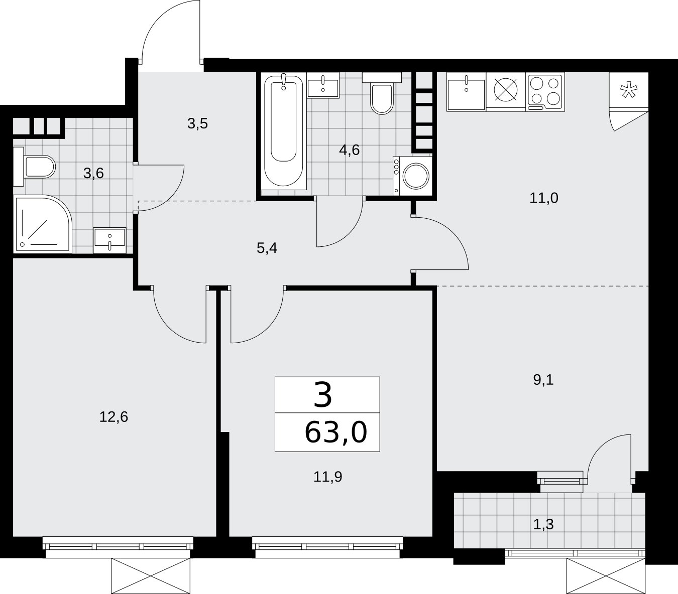 3-комнатная квартира (евро) с частичной отделкой, 63 м2, 4 этаж, сдача 2 квартал 2026 г., ЖК Бунинские кварталы, корпус 5.1 - объявление 2297114 - фото №1