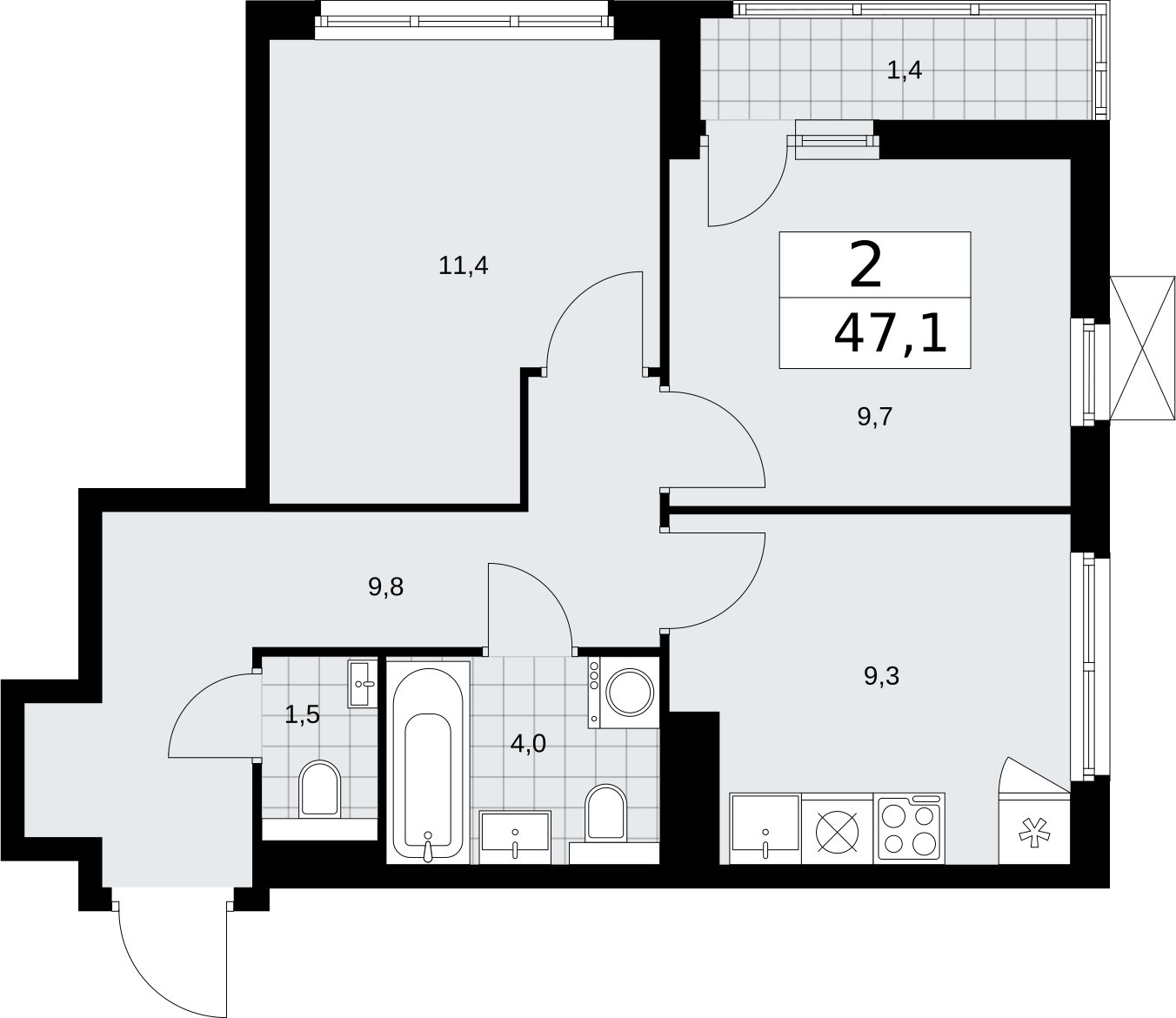 2-комнатная квартира с полной отделкой, 47.1 м2, 10 этаж, сдача 2 квартал 2026 г., ЖК Бунинские кварталы, корпус 7.1 - объявление 2319284 - фото №1