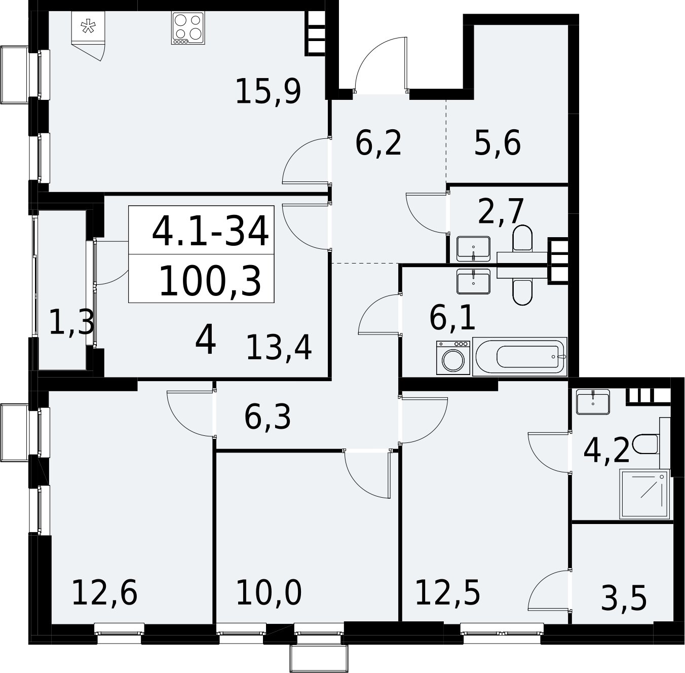 4-комнатная квартира с полной отделкой, 100.3 м2, 7 этаж, сдача 2 квартал 2027 г., ЖК Южные сады, корпус 4.1.1 - объявление 2392575 - фото №1