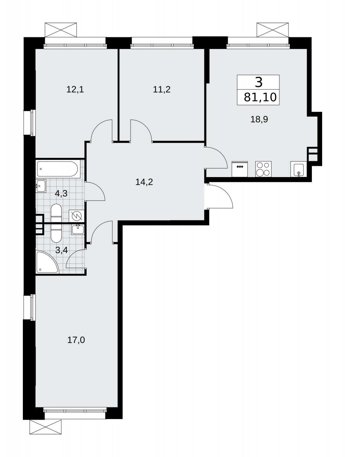 3-комнатная квартира с частичной отделкой, 81.1 м2, 3 этаж, сдача 4 квартал 2025 г., ЖК Бунинские кварталы, корпус 3.4 - объявление 2152042 - фото №1