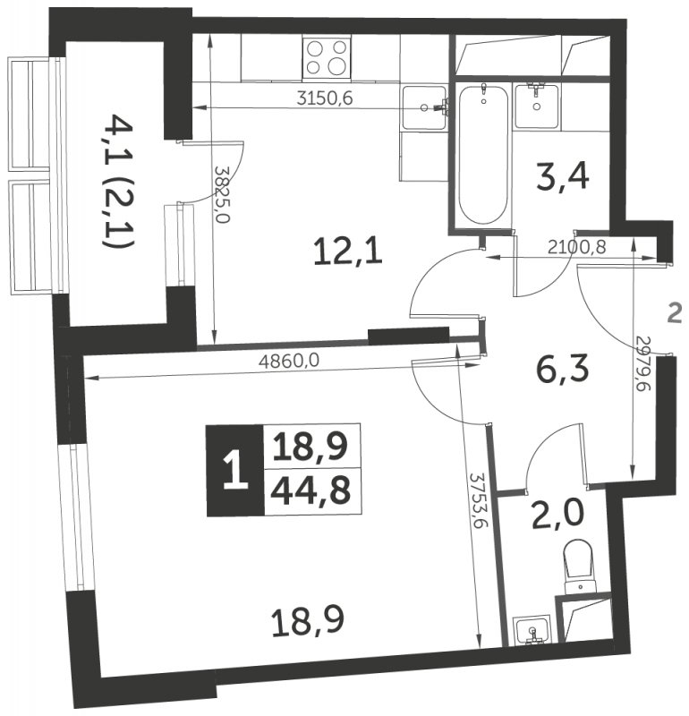1-комнатная квартира с полной отделкой, 44.8 м2, 3 этаж, сдача 3 квартал 2023 г., ЖК UP-квартал Римский, корпус 7 - объявление 1331418 - фото №1