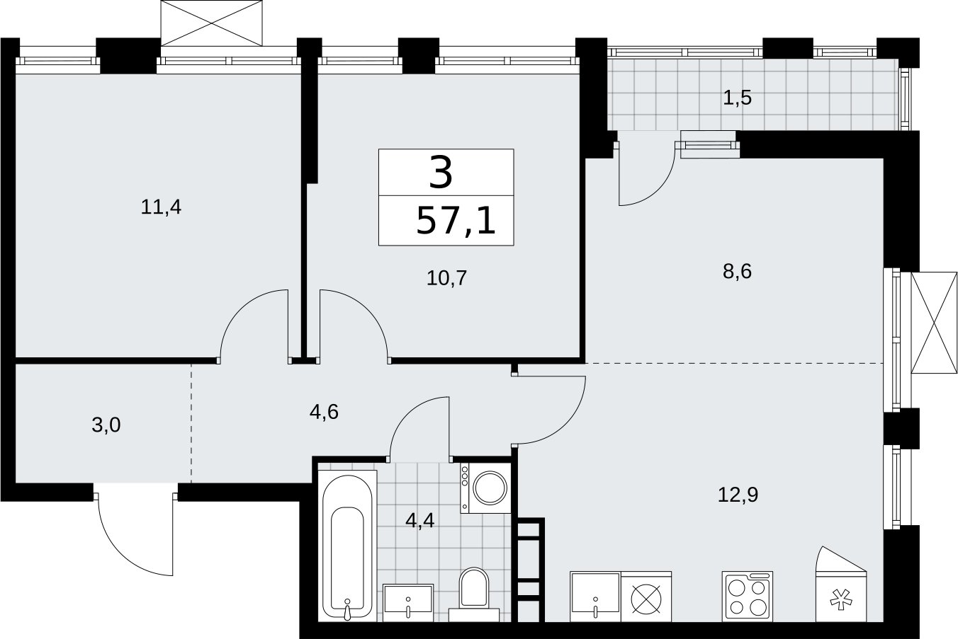 3-комнатная квартира (евро) с частичной отделкой, 57.1 м2, 5 этаж, сдача 2 квартал 2026 г., ЖК Бунинские кварталы, корпус 5.1 - объявление 2297286 - фото №1