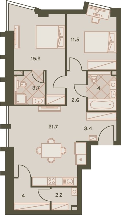 3-комнатная квартира с частичной отделкой, 69.4 м2, 14 этаж, сдача 3 квартал 2023 г., ЖК Eniteo, корпус 1 - объявление 2259009 - фото №1