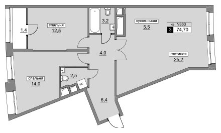 3-комнатная квартира (евро) без отделки, 74.7 м2, 12 этаж, сдача 4 квартал 2022 г., ЖК Румянцево-Парк, корпус 3 - объявление 1713295 - фото №1
