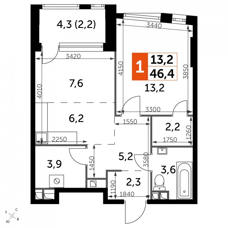 1-комнатная квартира с частичной отделкой, 46.4 м2, 3 этаж, сдача 4 квартал 2024 г., ЖК ROTTERDAM, корпус 2.1 - объявление 1954427 - фото №1