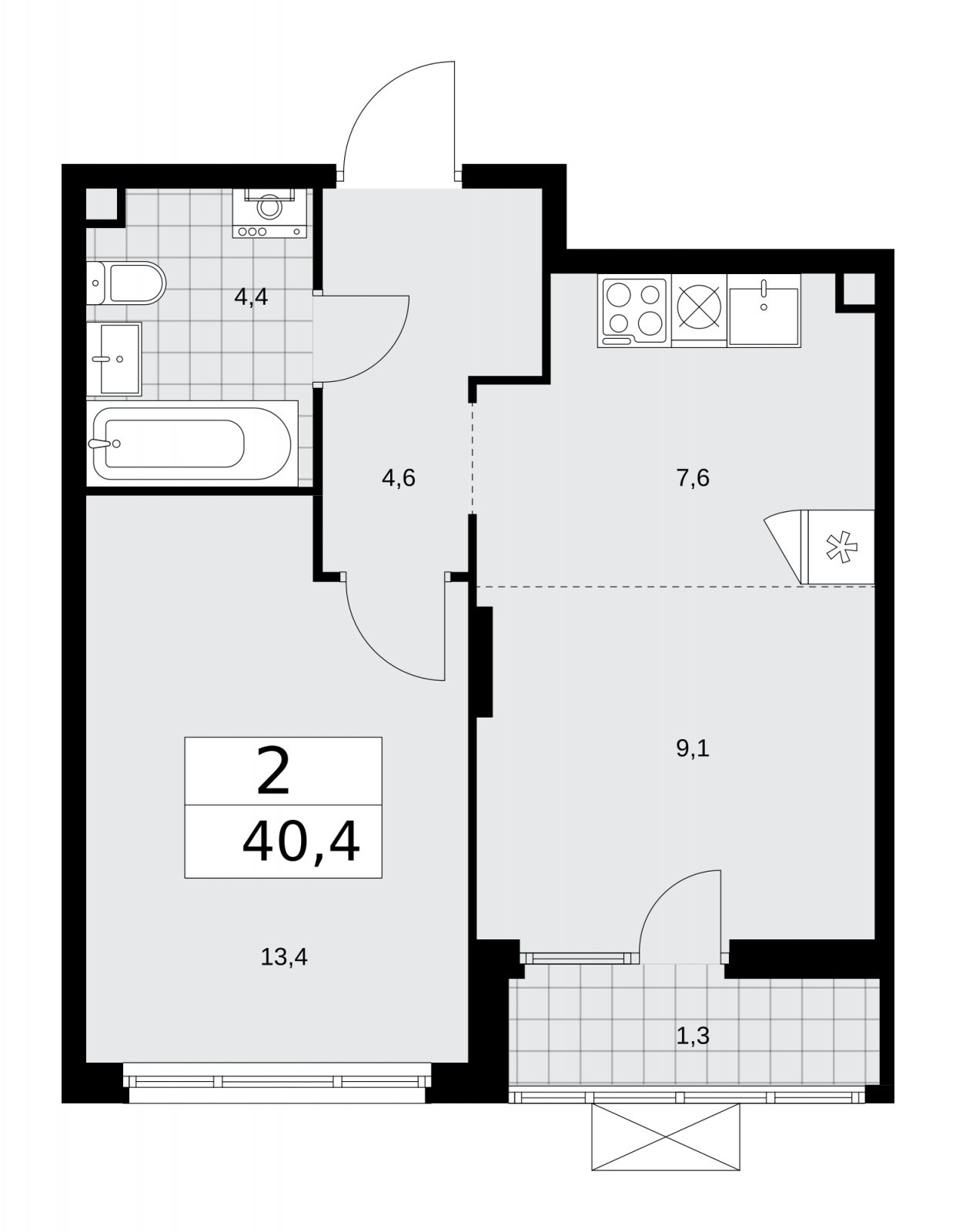 2-комнатная квартира (евро) без отделки, 40.4 м2, 2 этаж, сдача 1 квартал 2026 г., ЖК Деснаречье, корпус 4.1 - объявление 2263254 - фото №1
