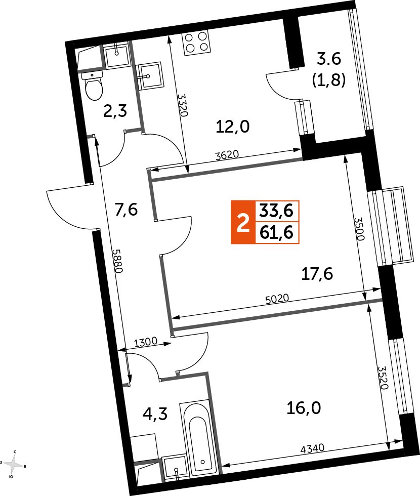 2-комнатная квартира без отделки, 61.7 м2, 1 этаж, дом сдан, ЖК UP-квартал Римский, корпус 7 - объявление 2353964 - фото №1