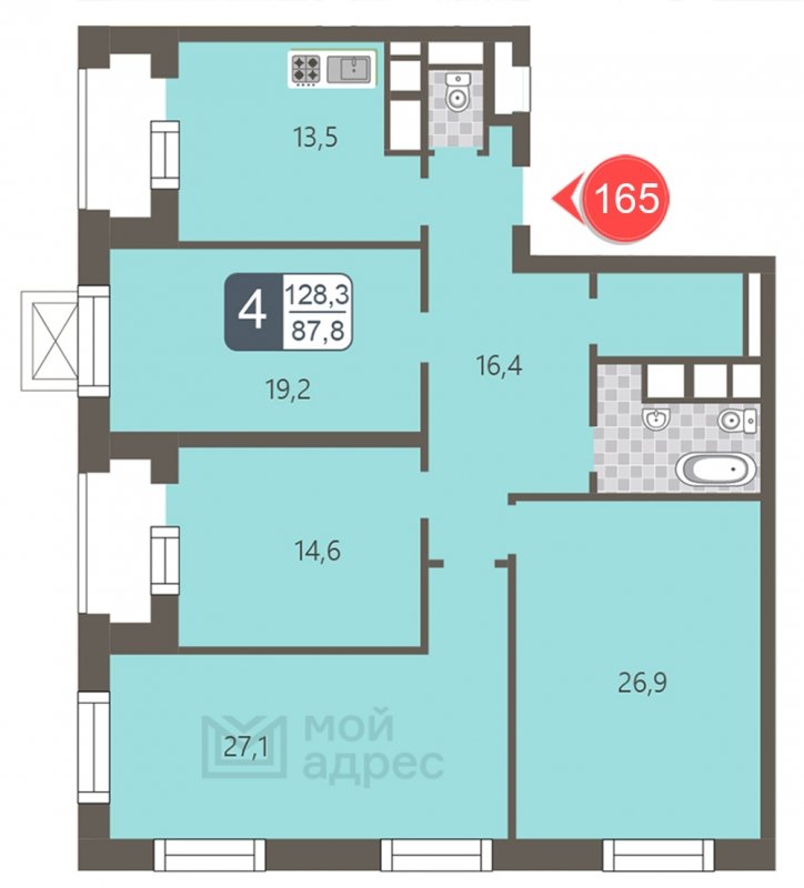 4-комнатная квартира с полной отделкой, 128.3 м2, 22 этаж, дом сдан, ЖК мой адрес На Береговом, корпус Южный квартал - объявление 1866963 - фото №1