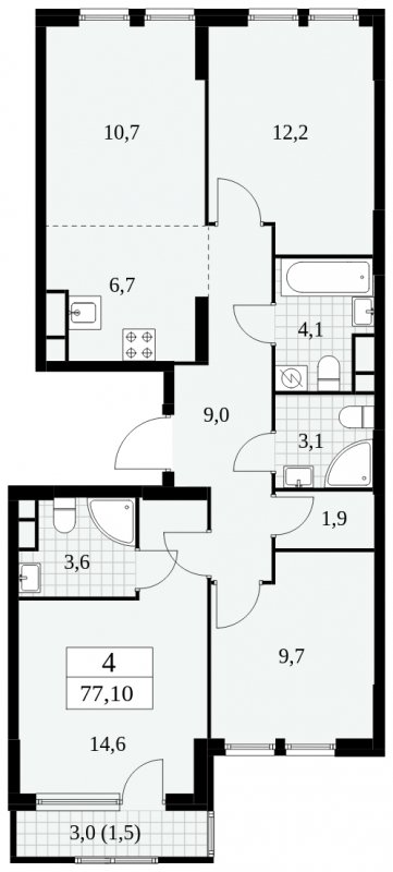 4-комнатная квартира (евро) без отделки, 77.1 м2, 8 этаж, сдача 2 квартал 2025 г., ЖК Южные сады, корпус 2.4 - объявление 1760448 - фото №1