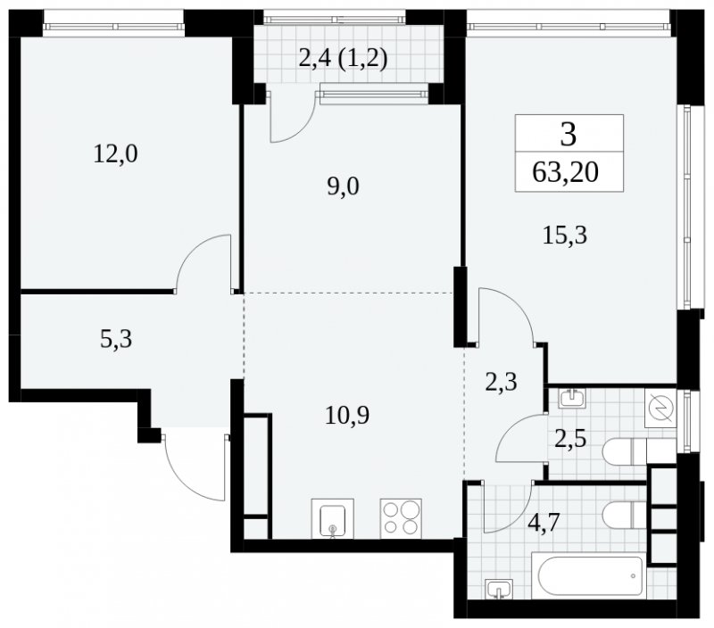 3-комнатная квартира (евро) с частичной отделкой, 63.2 м2, 29 этаж, сдача 2 квартал 2025 г., ЖК Южные сады, корпус 2.1 - объявление 1760078 - фото №1