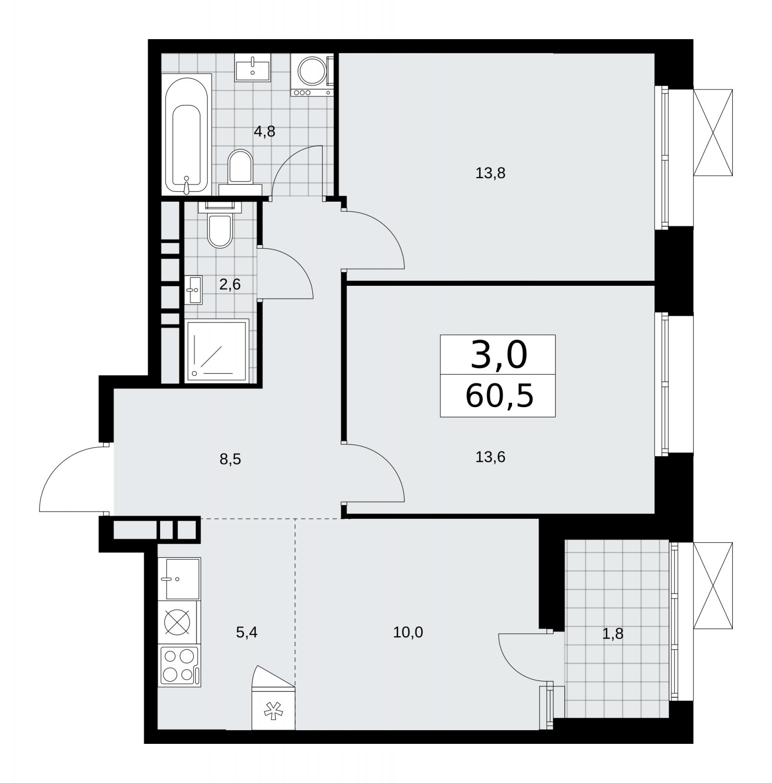 3-комнатная квартира (евро) с частичной отделкой, 60.5 м2, 20 этаж, сдача 1 квартал 2026 г., ЖК Бунинские кварталы, корпус 6.1 - объявление 2252516 - фото №1