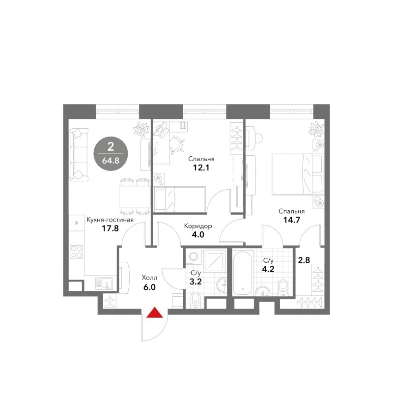 2-комнатные апартаменты без отделки, 64.8 м2, 17 этаж, сдача 3 квартал 2025 г., ЖК VOXHALL, корпус 4 - объявление 1793748 - фото №1
