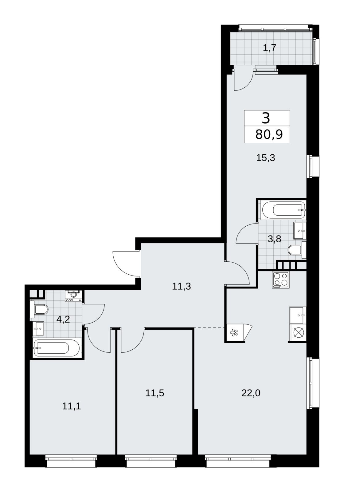 3-комнатная квартира с частичной отделкой, 80.9 м2, 3 этаж, сдача 2 квартал 2026 г., ЖК Дзен-кварталы, корпус 4.1 - объявление 2251356 - фото №1
