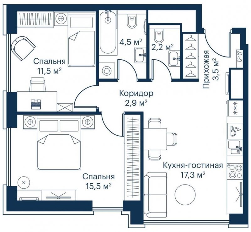 2-комнатная квартира с частичной отделкой, 57.74 м2, 20 этаж, сдача 2 квартал 2023 г., ЖК City Bay, корпус Indian Ocean 4 - объявление 1671464 - фото №1
