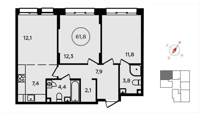 3-комнатная квартира (евро) без отделки, 61.8 м2, 2 этаж, сдача 3 квартал 2024 г., ЖК Скандинавия, корпус 2.22.2 - объявление 1625458 - фото №1