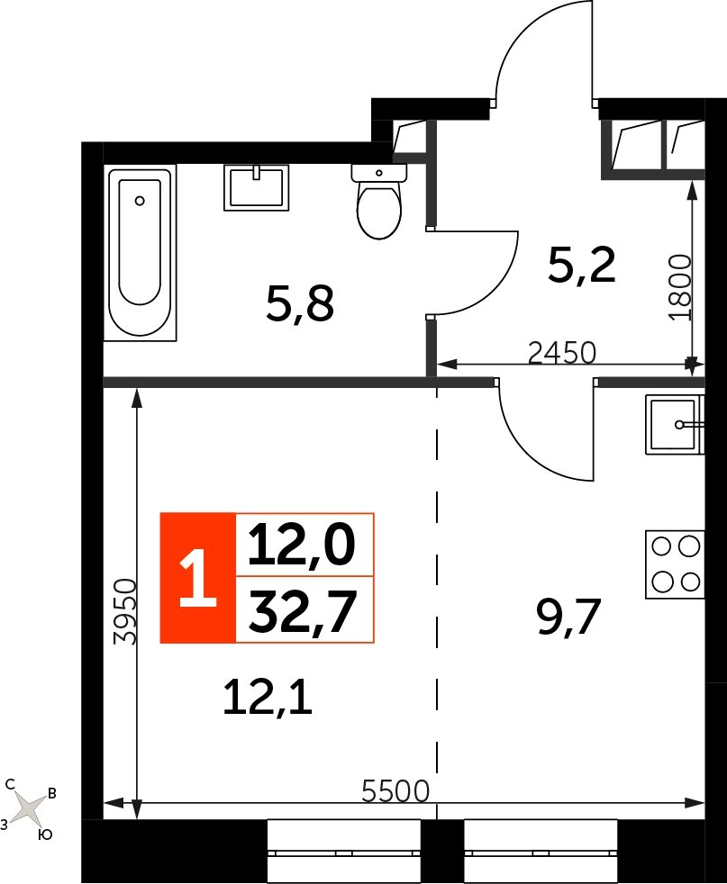 Студия с полной отделкой, 32.7 м2, 14 этаж, сдача 3 квартал 2024 г., ЖК Sydney City, корпус 2.1 - объявление 2207326 - фото №1