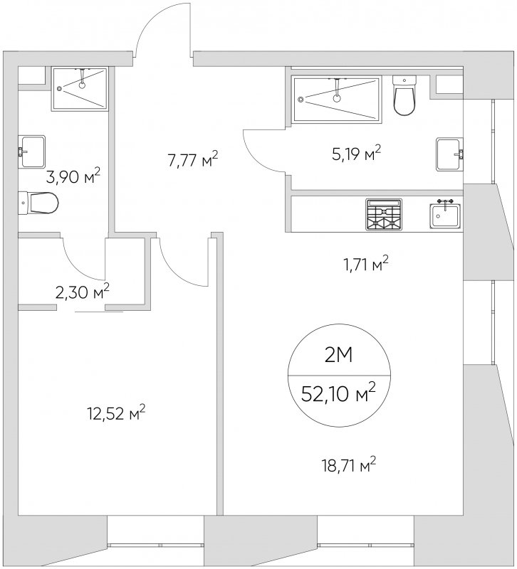 2-комнатные апартаменты без отделки, 52.1 м2, 6 этаж, сдача 1 квартал 2024 г., ЖК N'ICE LOFT, корпус 1 - объявление 1702052 - фото №1