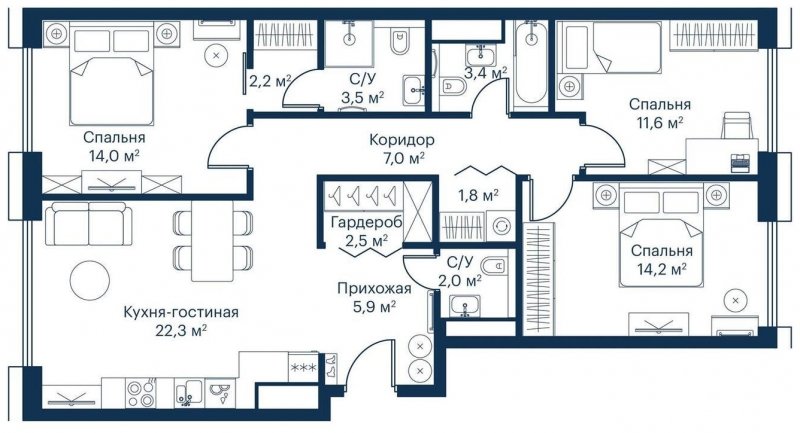 3-комнатная квартира с частичной отделкой, 90.21 м2, 3 этаж, сдача 2 квартал 2023 г., ЖК City Bay, корпус Indian Ocean 3 - объявление 1671603 - фото №1