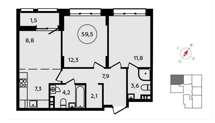 3-комнатная квартира (евро) без отделки, 59.5 м2, 3 этаж, сдача 3 квартал 2024 г., ЖК Скандинавия, корпус 2.22.2 - объявление 1625465 - фото №1