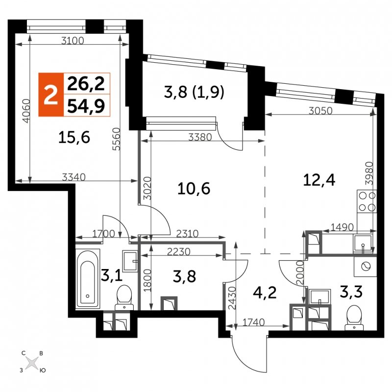 2-комнатная квартира с частичной отделкой, 54.9 м2, 3 этаж, сдача 4 квартал 2024 г., ЖК ROTTERDAM, корпус 2.3 - объявление 1954404 - фото №1